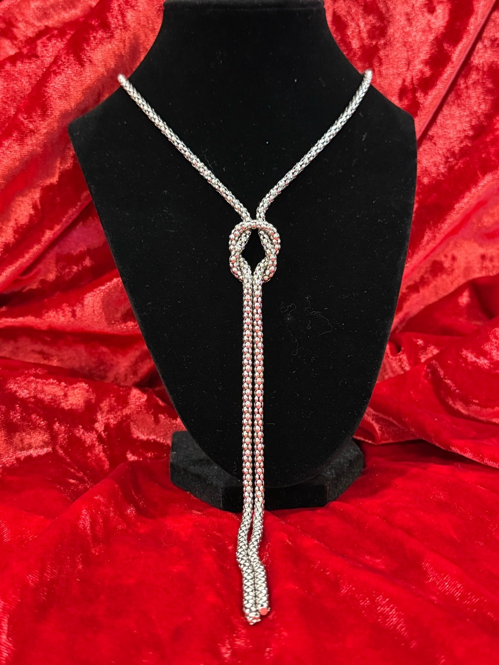 Silver-Tone Mesh Tie Knot Lariat Necklace Tassel Drop Adjust Chain